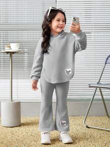 Leap Crew 2pcs/Set Young Girl Toddler Fitted Hoodie Pullover And Asymmetrical Hem Sweatpants - Grey - View 6