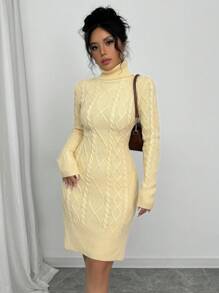 SHEIN Unity High Neck Solid Color Cable Knit Long Sleeve Sweater Dress - Apricot - View 5
