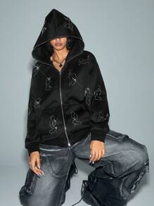 SHEIN EZwear Sudadera con capucha minimalista para mujer con cremallera frontal, manga larga y decoración de rhinestones