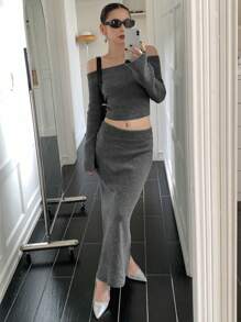 DAZY 2pcs/Set Women Off Shoulder Solid Color Long Sleeve Top And Skirt Casual Set,Fall Clothes Women Sweater - Grey - View 7