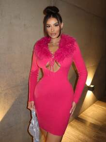 Zolique 秋冬新款玫红色女装毛衣裙毛线领拼接毛绒挖领绑带打结毛衣裙 - 玫紅色 - 查看 5