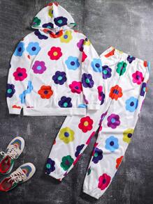 2 件套青少年男孩卡通花卉印花连帽衫和裤子套装，秋季 - 白色 - 查看 1