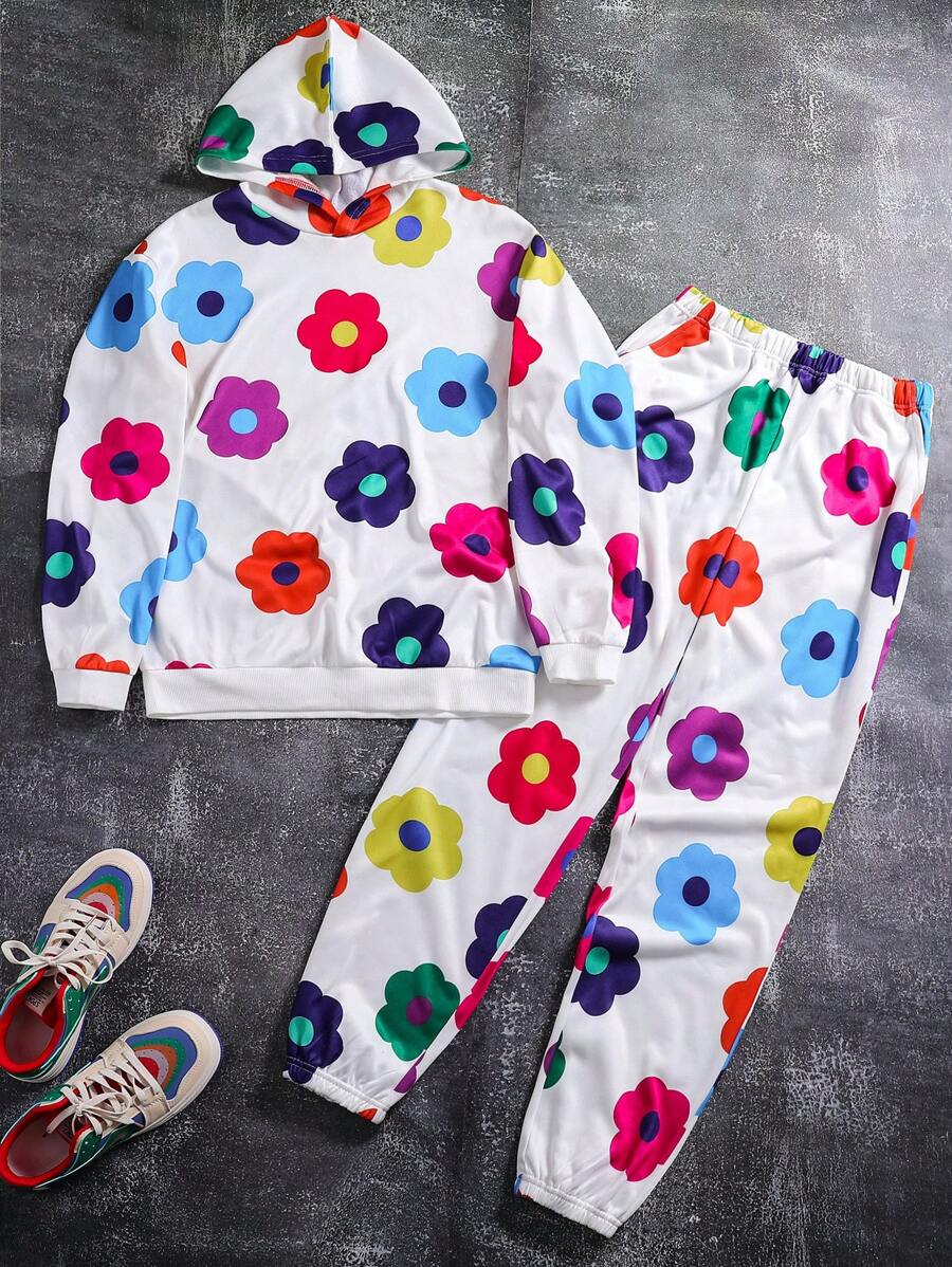 2 件套青少年男孩卡通花卉印花连帽衫和裤子套装，秋季 - 白色 - 查看 1