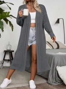 SHEIN Franclia 大码女式休闲通勤纯色镂空针织长款开衫 - 深灰色 - 查看 5