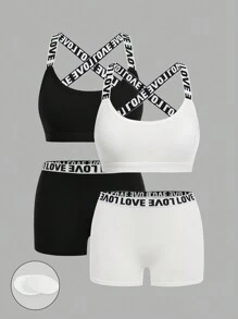 SHEIN Bộ 4 áo ngực không gọng có đệm trang trí chữ cái đơn giản và thoải mái cho bé gái tuổi teen kèm quần lót mềm mại - Đen và trắng - Xem 1