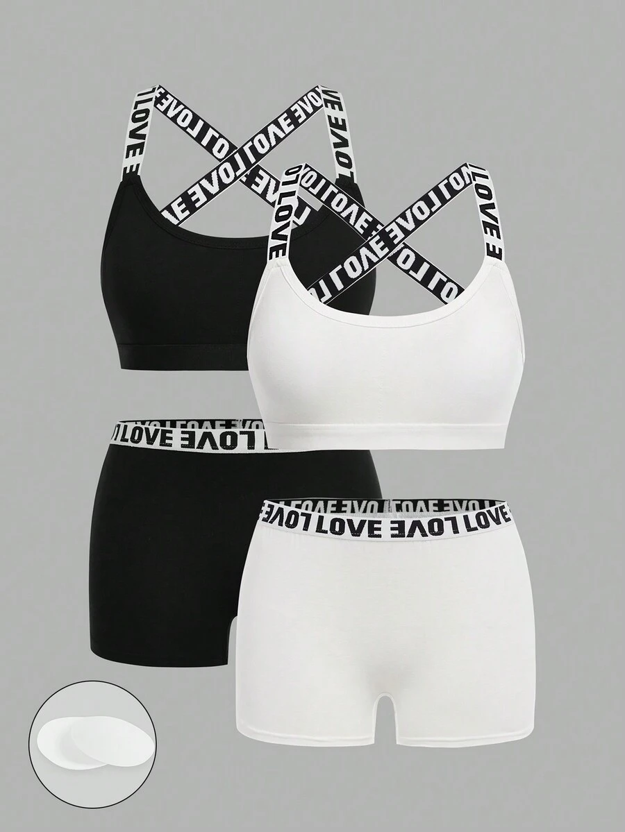 SHEIN Bộ 4 áo ngực không gọng có đệm trang trí chữ cái đơn giản và thoải mái cho bé gái tuổi teen kèm quần lót mềm mại - Đen và trắng - Xem 1