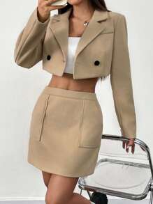 Chiquease 2pcs Khaki Blazer Jacket With Double Pockets And A-Line Skirt Suit Set, Stylish