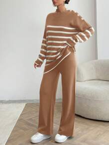 EURMUSE Women Stripe Pattern Button Detailed Round Neck Drop Shoulder Pullover & Sweater Pants Set - Camel - View 5