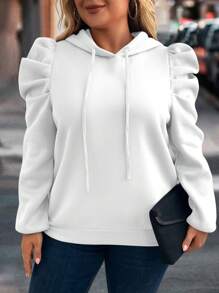 SHEIN LUNE Áo nỉ trùm đầu tay bồng màu trơn cỡ lớn thường ngày, dành cho quần áo mùa thu đông - trắng - Xem 3