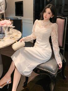 DAZY Contrast Lace Stand Collar Lantern Sleeve Mid-Length Dress For Women, Birthday, New Year Eve Prom Dress Elegant,Fall Clothes Long Sleeve Dress