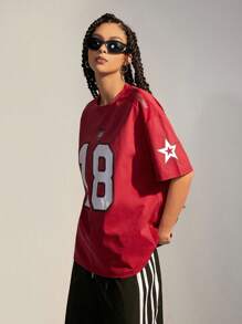 SHEIN EZwear Women's Streetwear Sportswear Athleisure Blokecore  Red Number Letter Print Tee - Red - View 3