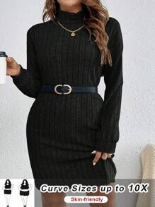 SHEIN CURVE+ 大码黑色高领落肩紧身长袖连衣裙