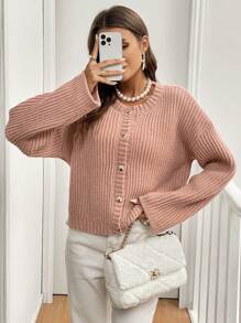 SHEIN Frenchy Women's Solid Color Front Button Closure Long Sleeve Casual Top Winter Pink
