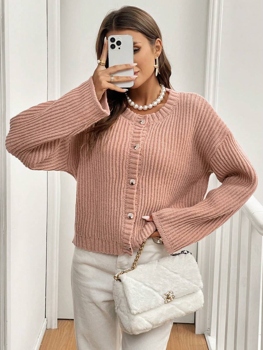 SHEIN Frenchy Women's Solid Color Front Button Closure Long Sleeve Casual Top Winter Pink