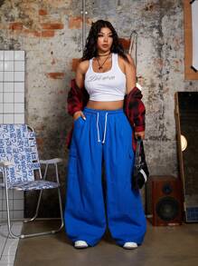 SHEIN ICON Plus Size Casual Drawstring Waist Loose Fit Solid Color Denim Cargo Pants For Spring/Autumn - Blue - View 6