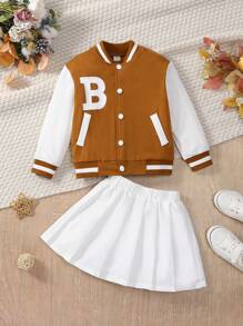 SHEIN Young Girl 2pcs Set: Colorblock Letter & Striped Print Button-Front Long Sleeve Jacket + Solid Color Pleated A-Line Skirt - Brown - View 3