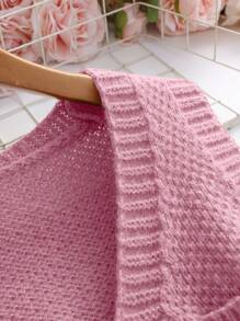 SHEIN LUNE Women's Casual V-Neck Small Pocket Pink Knitted Sweater Vest