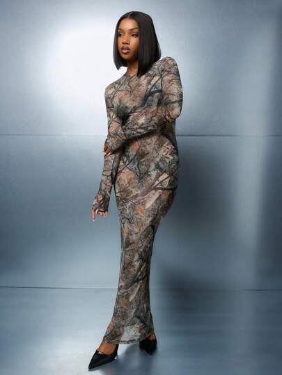 SUMWON WOMEN Camo Print Round Neck Full Sleeves Mesh Bodycon Maxi Dress MISSGUIDED