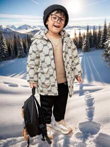 1pc Young Boy Casual Allover Print Padded Coat,Thick Warm Mid-Length Quilted Coat,Winter,Career Day,Back-To-School,Daily Wear,School,Outings,Sports - Black - View 2