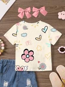 SHEIN Floral Print Casual Short Sleeve Round Neck T-Shirt For Tween Girls, Suitable For Summer