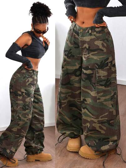 SHEIN ICON Women's Cargo Pocket Camo Print Loose Wide Leg Casual Fashion Jeans, Denim Pants