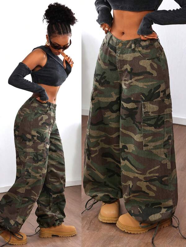 SHEIN ICON Blugi de damă, cu buzunare cargo, imprimeu camuflat, cu picioare largi, ocazional, pantaloni din denim