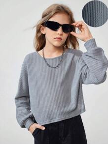SHEIN Camiseta de manga de murciélago con textura gris informal para niñas preadolescentes, otoño - Gris - Ver 1