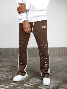 Manfinity EMRG 男士休闲街头风格字母印花撞色抽绳腰部宽松直筒运动裤，狂野风 - 咖啡棕 - 查看 5