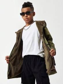 SHEIN Tween Boy Casual Plush Hooded Jacket - Army Green - View 3