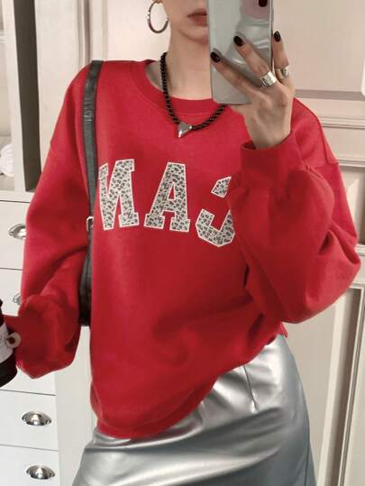 DAZY 女式宽松圆领拼色豹纹卫衣，秋季服装