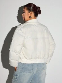 SHEIN ICON Plus Size Women Casual Solid Color Zip-Up PU Padded Coat, Winter - White - View 2