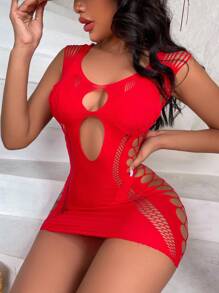 Mesh Hollow Out Bodycon Lingerie Dress Without Liner - Red - View 5