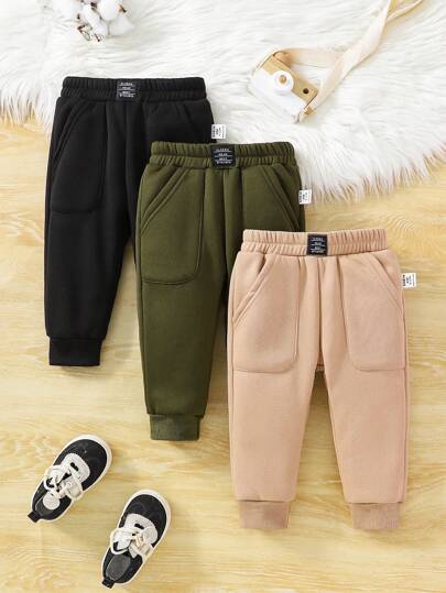 SHEIN 3 件装男童休闲运动街头保暖加厚图案印花下装，适合户外、秋冬季