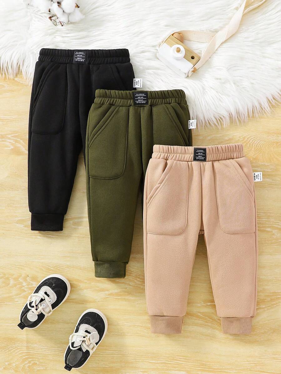 SHEIN 3 件装男童休闲运动街头保暖加厚图案印花下装，适合户外、秋冬季