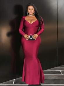 Slaydiva 性感优雅大码女式低胸露背紧身美人鱼礼服派对礼服，情人节 - 酒紅色 - 查看 10