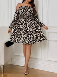 SHEIN Unity Vestido de manga larga con hombros descubiertos, volantes y estampado de leopardo, talla grande - Multicolor - Ver 4