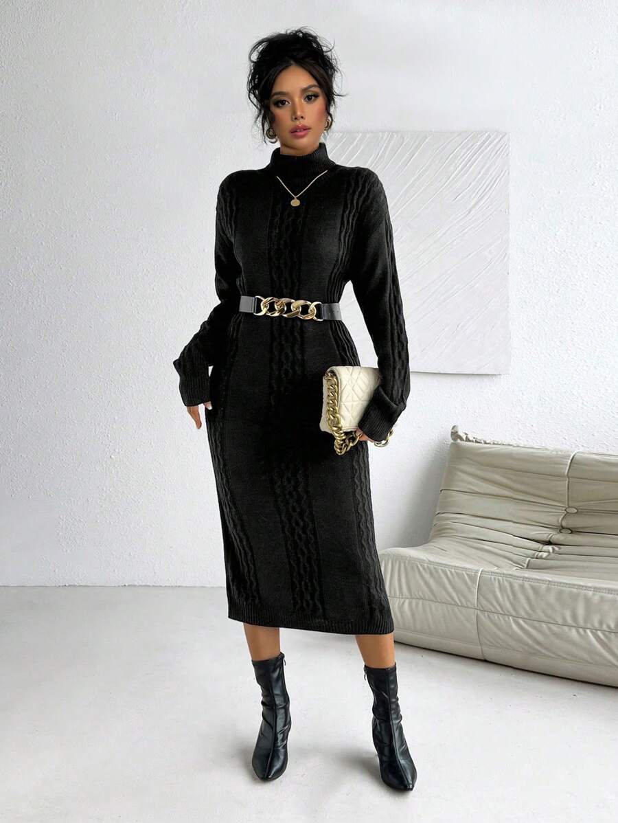 Chiquease Women's Stand Collar Long Sleeve Fashionable Casual Slim-Fit Textured Knitted Grey Sweater Dress Fall Cloth For Women - Dark Grey - View 1