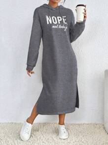 Chiquease Women Letter Graphic Drop Shoulder Long Sleeve Thermal Lined Hooded Long Sweatshirt Dress, Casual Autumn/Winter