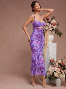 L'Amorae Floral Ruched Mermaid Hem With Cutout Details Dress