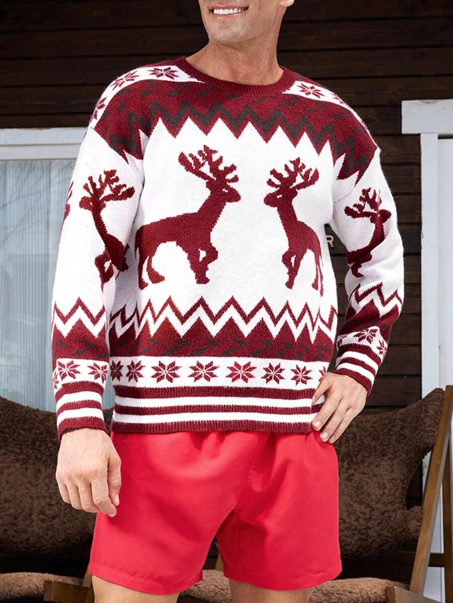 Manfinity Hypemode Men Winter Christmas Geo & Elk Pattern Casual Long Sleeve Graphic Color Block Sweater, For Party, Friends