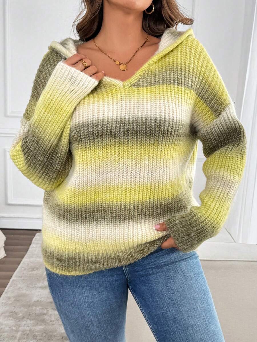 EMERY ROSE Plus Size Women Ombre Color Hooded Loose Long Sleeve Pullover Knit Sweatshirt, Comfortable For Home, Autumn/Winter - Multicolor - View 1