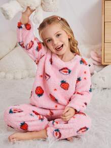 SHEIN 2 件装少女草莓图案圆领长袖柔软舒适毛绒睡衣套装（含长裤），秋冬款 - 粉色 - 查看 1