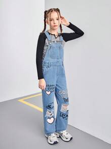 Tween Girl 休闲百搭简约个性街头印花水洗舒适蓝色牛仔连体裤和背带裤，四季百搭 - 中等水洗藍 - 查看 6