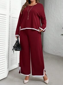 EMERY ROSE Plus Size Dames Zwarte Ronde Hals Lange Mouw Zijsplit Zoom Top En Wijde Pijpen Broek Herfst Sets