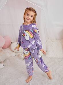 SHEIN Bộ đồ ngủ vải nỉ dài tay cổ tròn in chữ dễ thương cho bé gái/trẻ em, họa tiết kỳ lân hoạt hình, cầu vồng, mềm mại và thoải mái cho mùa thu/đông - Màu tím - Xem 7