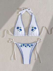 Women Blue Floral Trim Solid Color Sexy Wide Strap Top & Thong Bikini Sets Summer - Multicolor - View 6