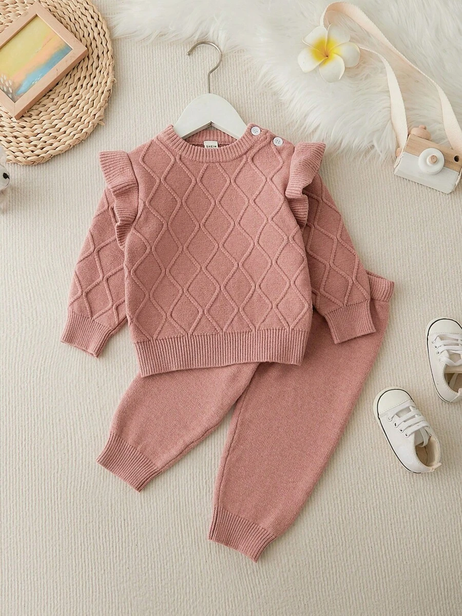 Baby Girl Textured Ribbed Solid Color Ruffled Long Sleeve Top & Tapered Pants Knit Sweater Set - Coral Orange - View 1