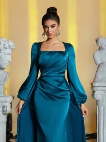 Glamrae Elegant Green Square Neck Lantern Sleeve Chest Pleated Maxi Mermaid Dress With Detachable Flounce, Formal Wear For All Occasions, Long Sleeve Prom Evening Dress, For Wedding Guest, Graduation, Dinner
