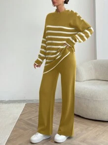 EURMUSE Women Stripe Pattern Button Detailed Round Neck Drop Shoulder Pullover & Sweater Pants Set - Mustard Yellow - View 5