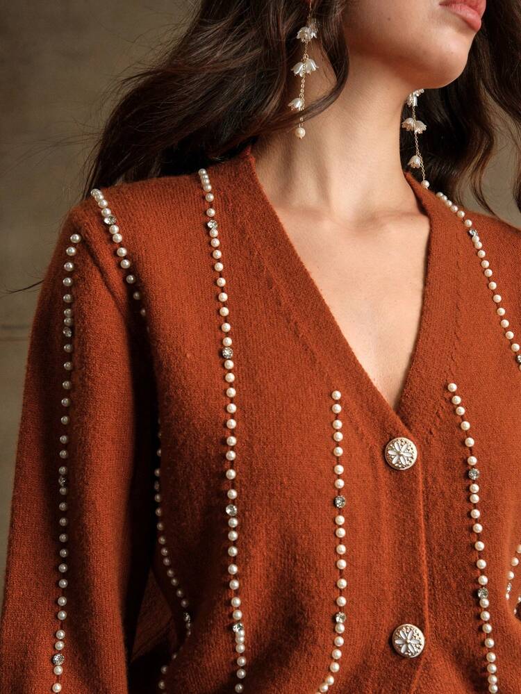 1pc Women Front Button Closure Long Sleeve Faux Pearl Decor Minimalist Top, Casual Daily Wear